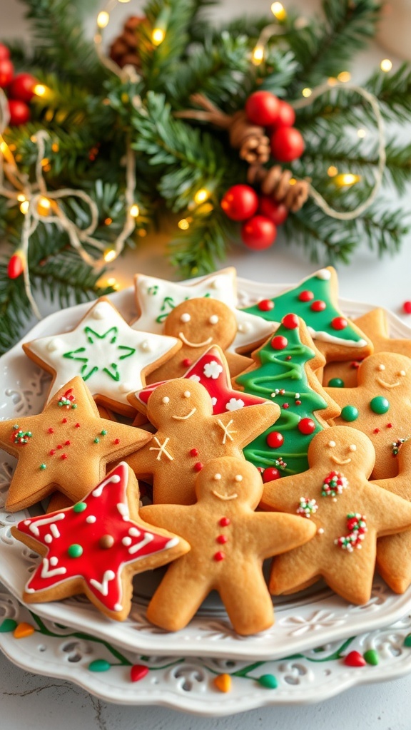 Versatile Christmas Cookie Dough Recipe A platter of assorted Christmas cookies in festive shapes with icing and sprinkles, surrounded by holiday decorations.